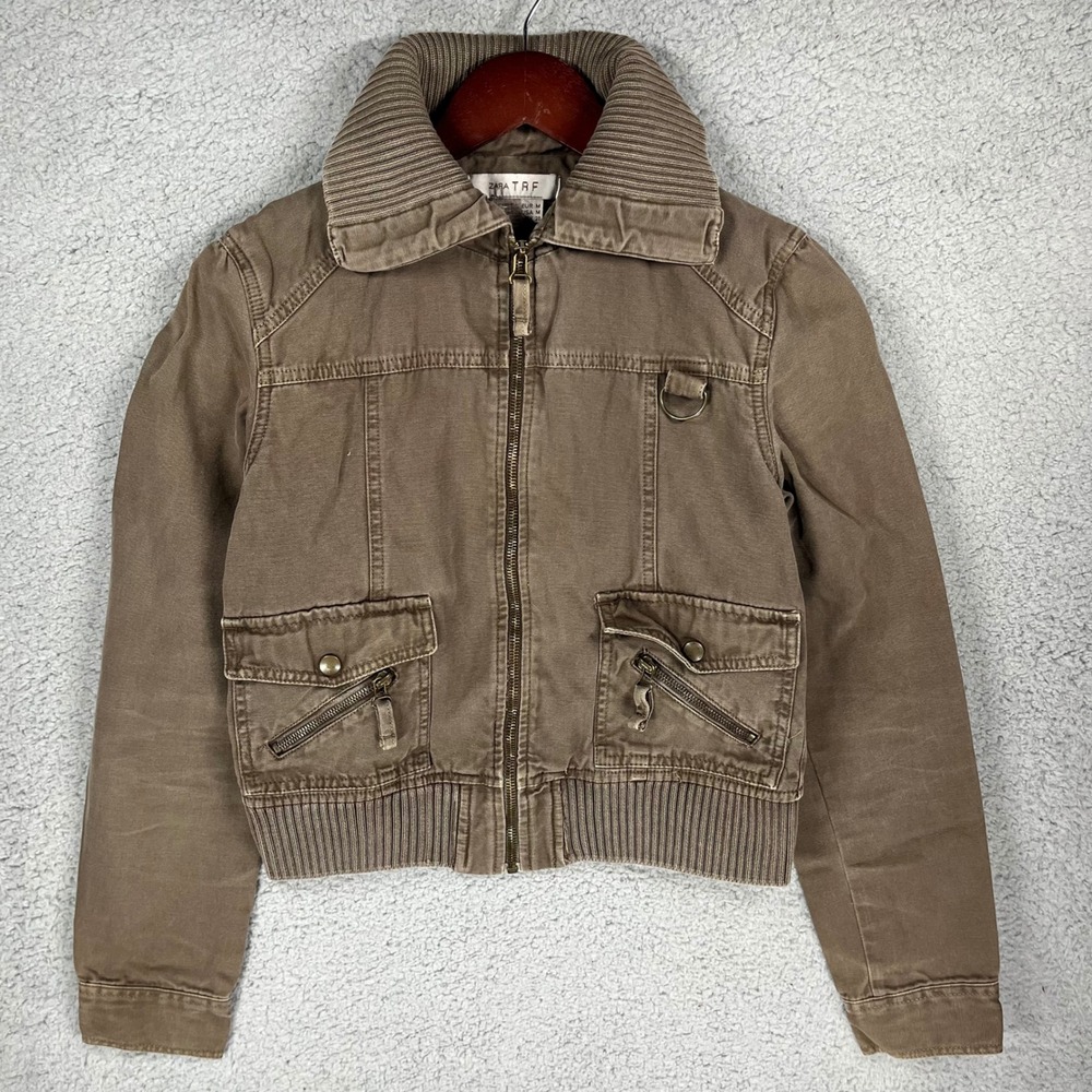 Zara TRF Brown Cotton Canvas Bomber Jacket Utility Ribbed Collar Womens Size M